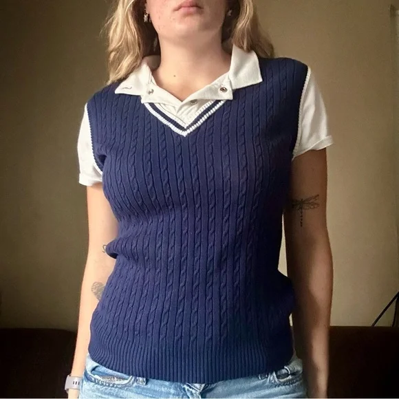 2000s Lauren Ralph Lauren Active Cable Knit Vest Polo Top Size M - Picture 1 of 8